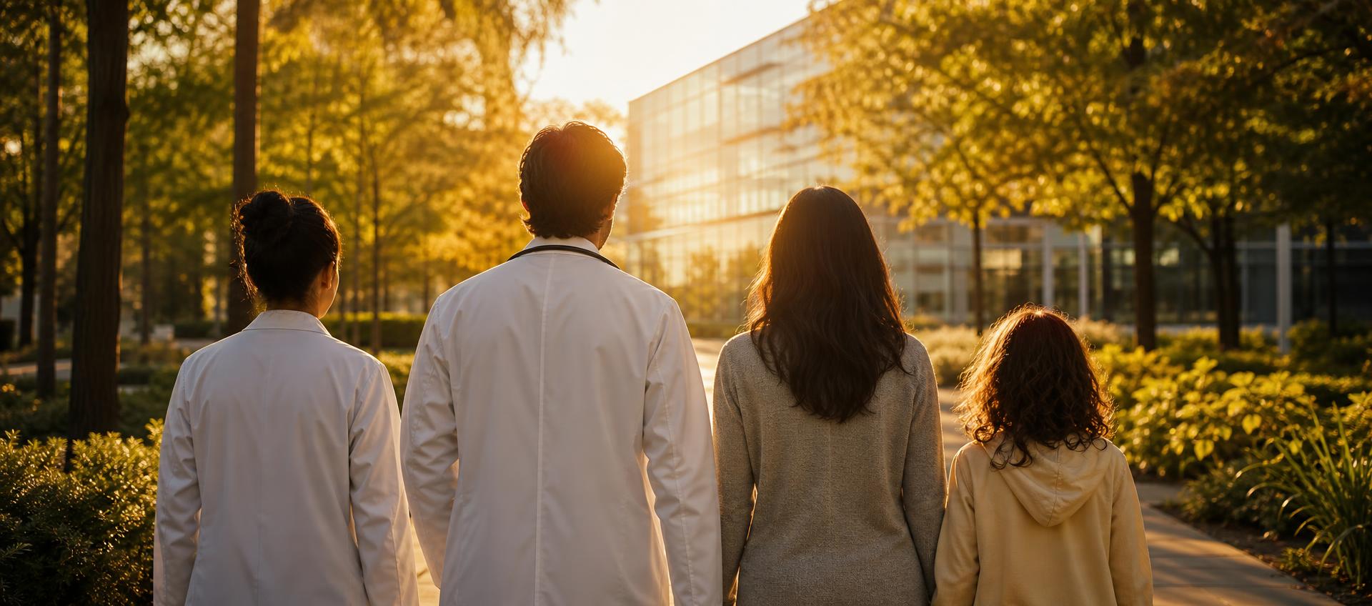 A diverse group walking together toward a sunlit research campus in golden-hour light