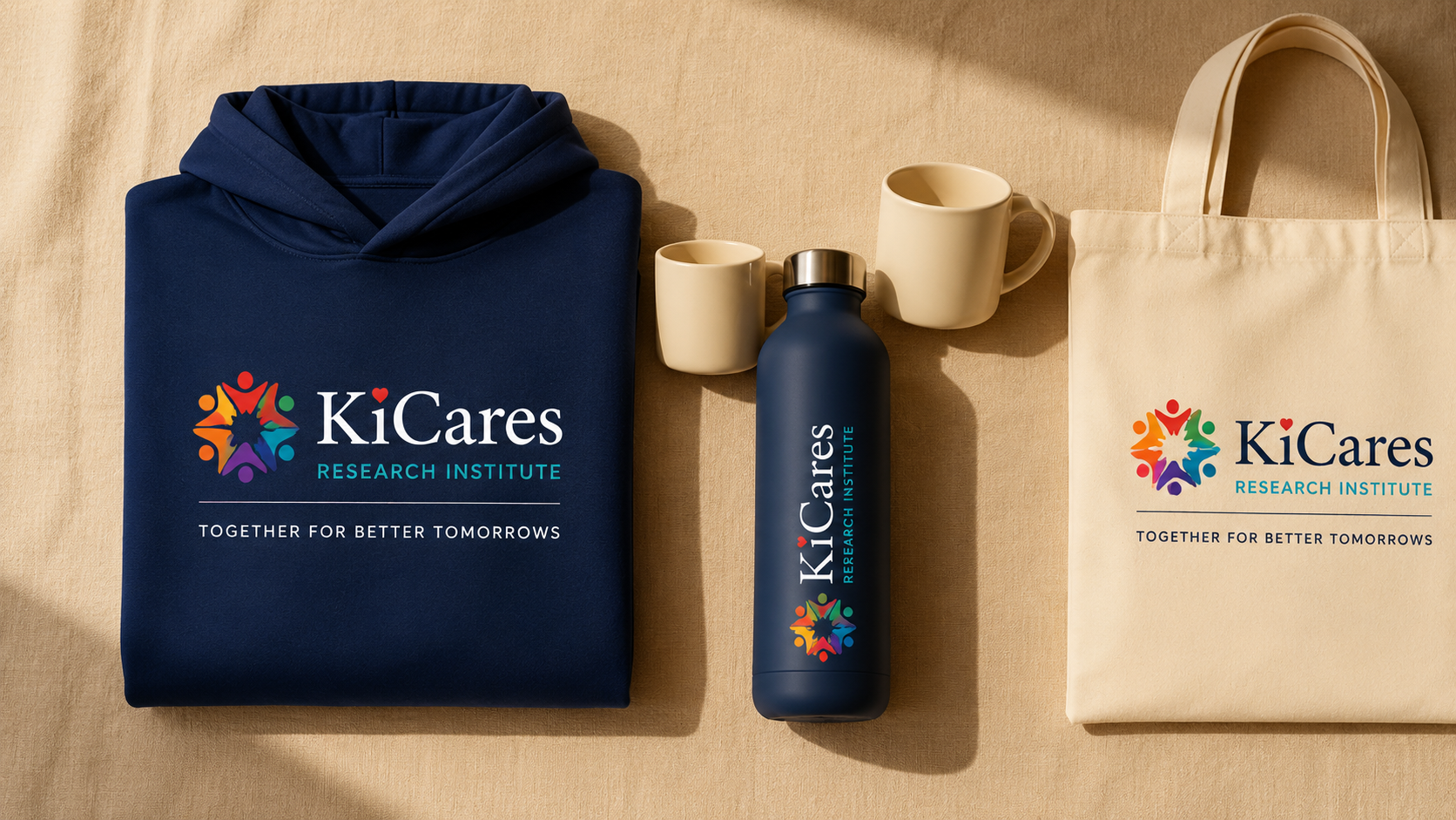 KiCares branded merchandise collection — hoodie, mug, water bottle, tote